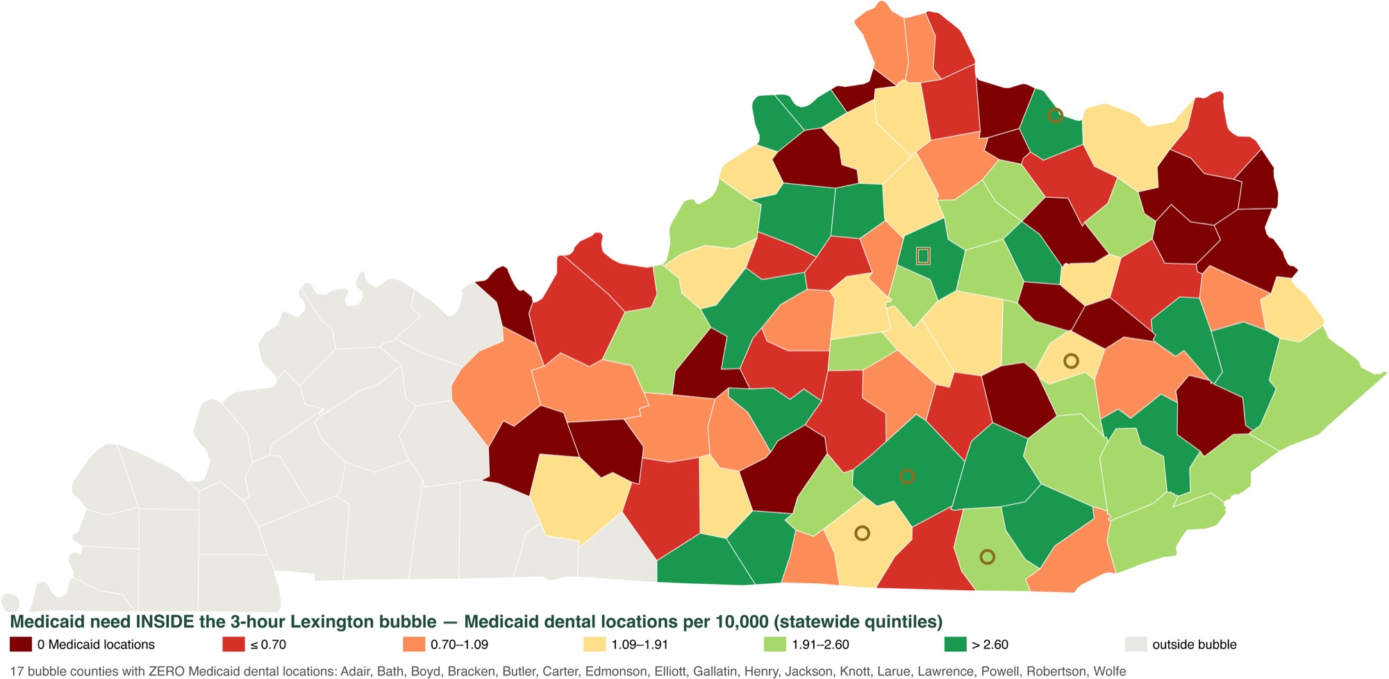Map showing Southern Travel Surgery's 3-hour service area and the surrounding Kentucky regions with high Medicaid need